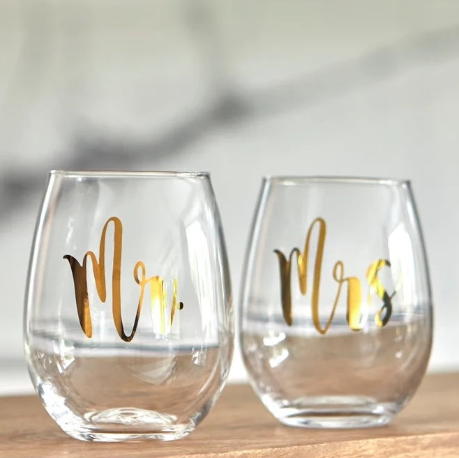 WINE GLASS, MR & MRS - GOLD